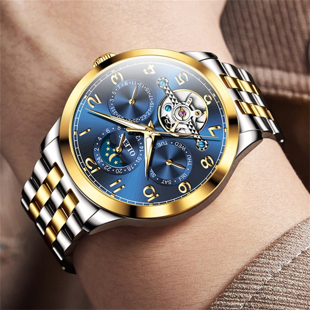 OLEVS 7018 Sun and Moon Skeleton Mechanical Watch for Men - Champagne Watch | Olevs Watch Store