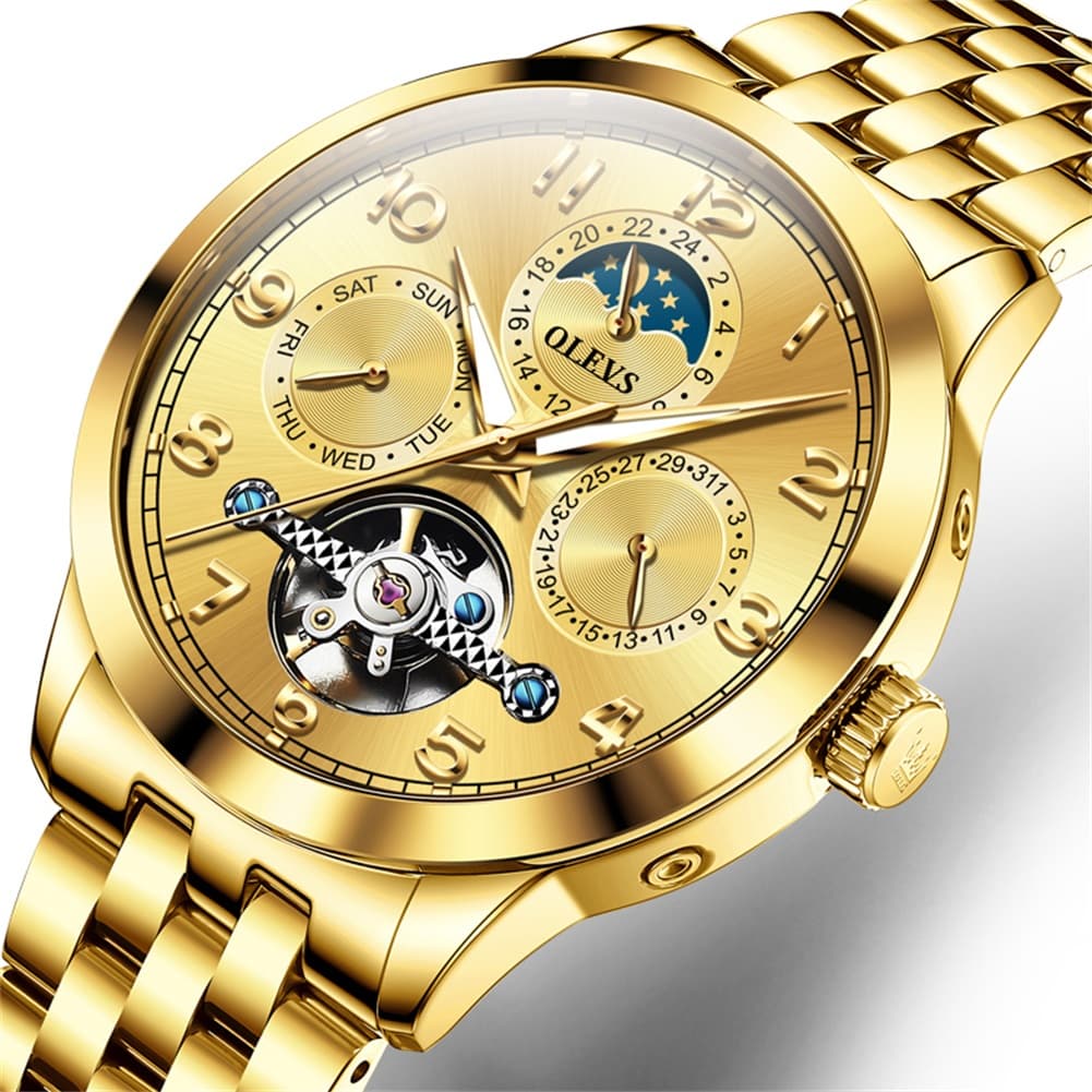 OLEVS 7018 Sun and Moon Skeleton Mechanical Watch for Men - Champagne Watch | Olevs Watch Store