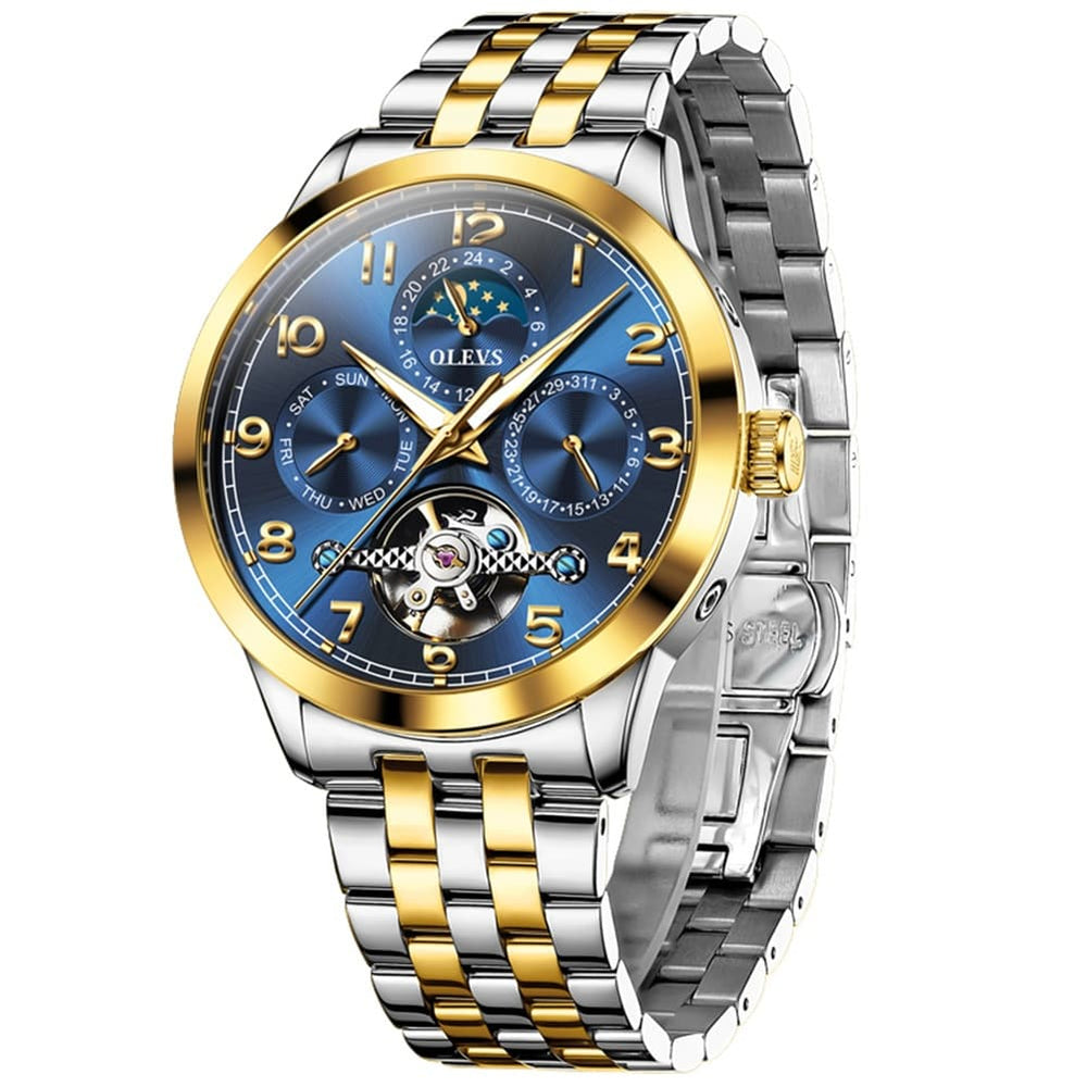 OLEVS 7018 Sun and Moon Skeleton Mechanical Watch for Men - Champagne Watch | Olevs Watch Store