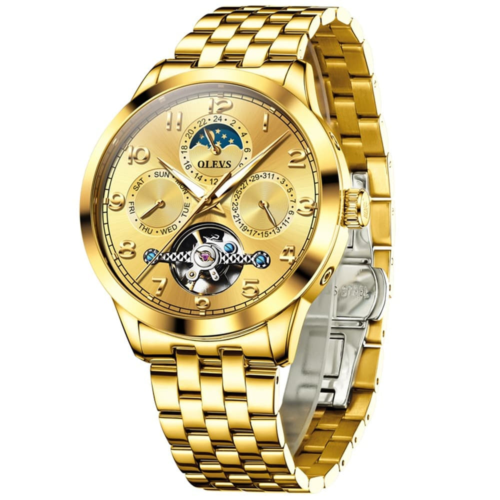 OLEVS 7018 Sun and Moon Skeleton Mechanical Watch for Men - Champagne Watch | Olevs Watch Store