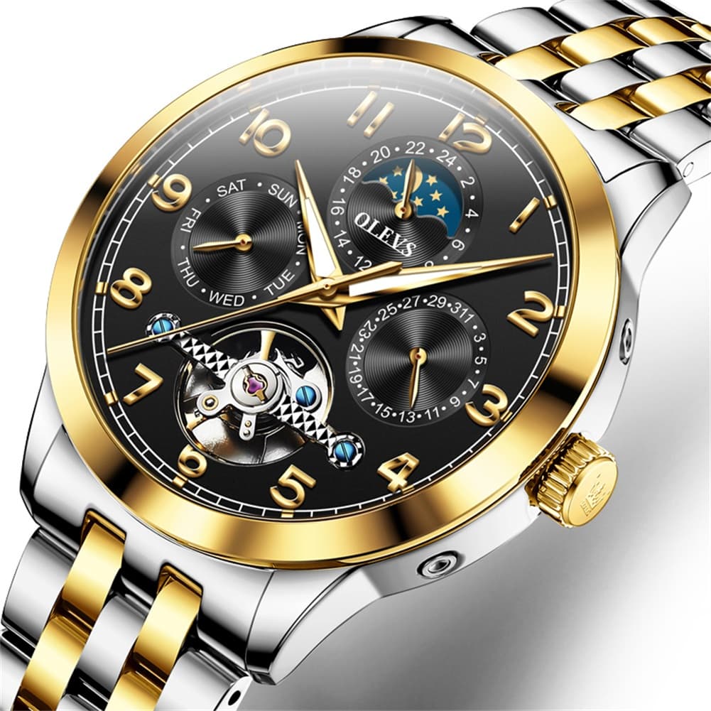 OLEVS 7018 Sun and Moon Skeleton Mechanical Watch for Men - Champagne Watch | Olevs Watch Store