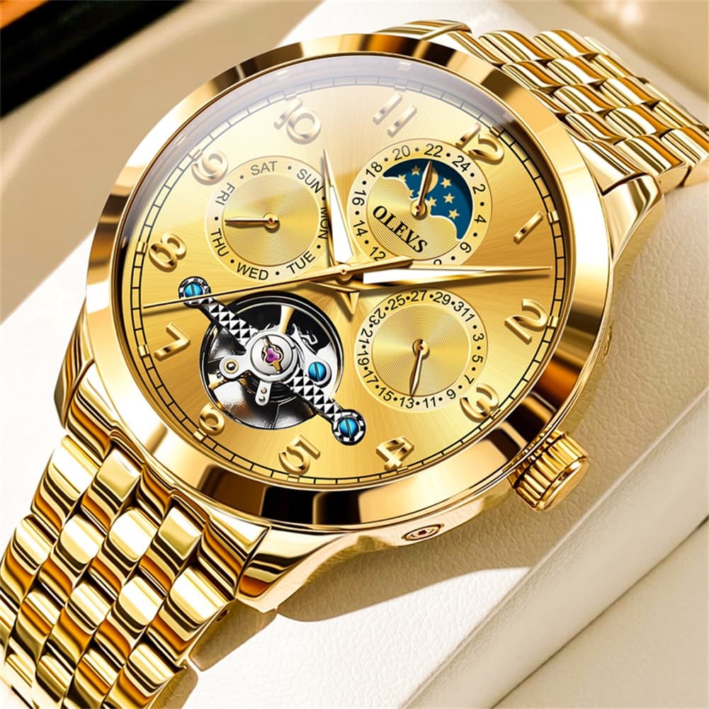 OLEVS 7018 Sun and Moon Skeleton Mechanical Watch for Men - Champagne Watch | Olevs Watch Store