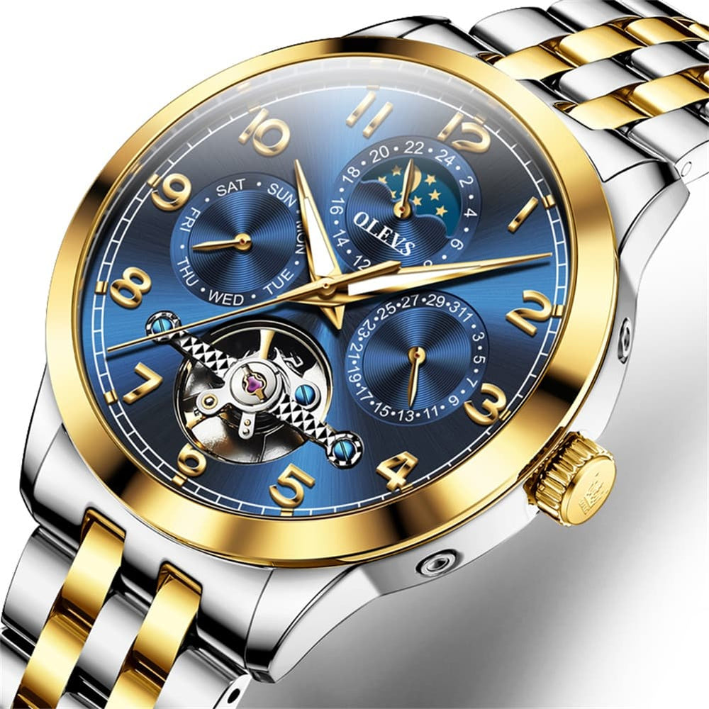 OLEVS 7018 Sun and Moon Skeleton Mechanical Watch for Men - Champagne Watch | Olevs Watch Store