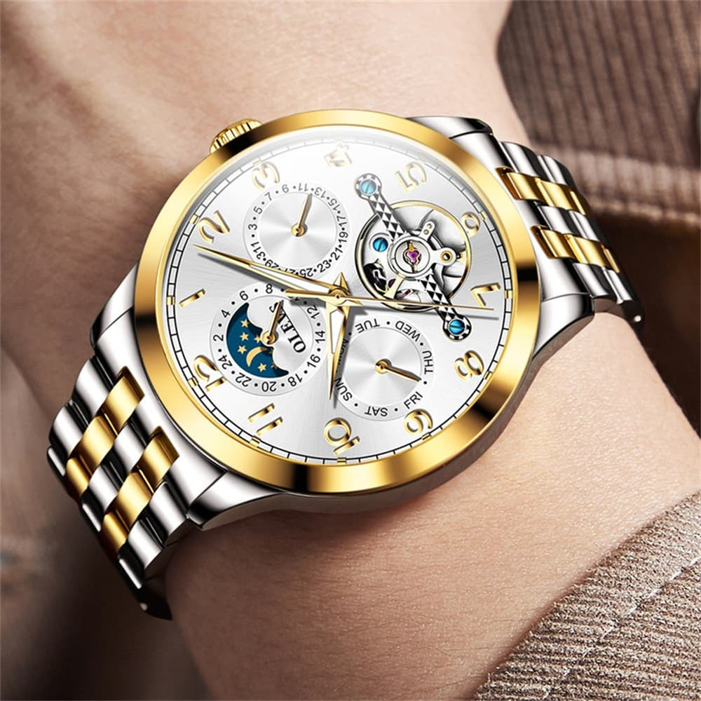 OLEVS 7018 Sun and Moon Skeleton Mechanical Watch for Men - Champagne Watch | Olevs Watch Store