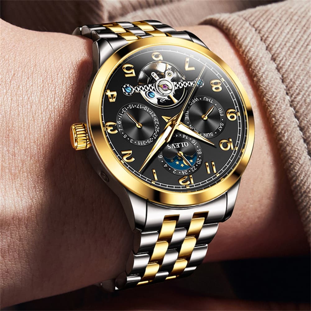 OLEVS 7018 Sun and Moon Skeleton Mechanical Watch for Men - Champagne Watch | Olevs Watch Store