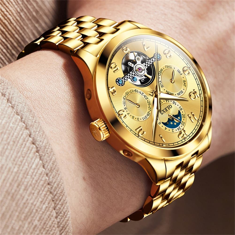 OLEVS 7018 Sun and Moon Skeleton Mechanical Watch for Men - Champagne Watch | Olevs Watch Store