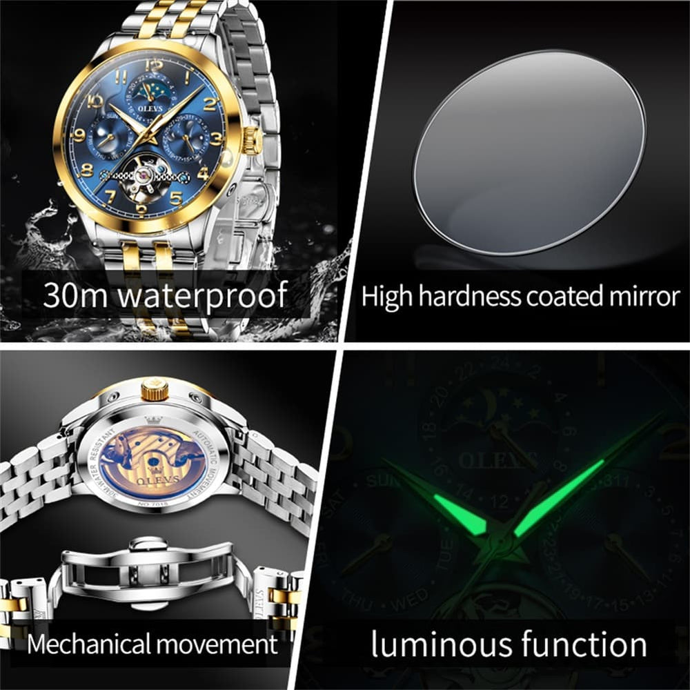 OLEVS 7018 Sun and Moon Skeleton Mechanical Watch for Men - Champagne Watch | Olevs Watch Store