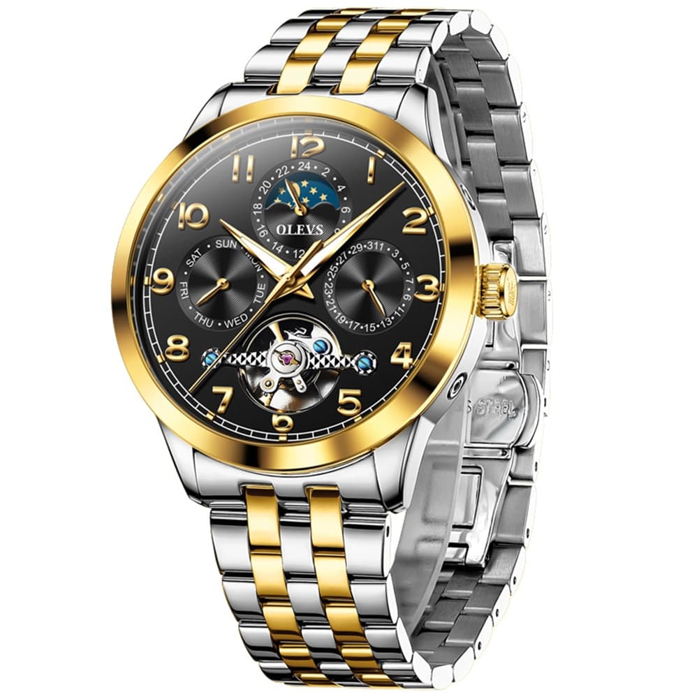 OLEVS 7018 Sun and Moon Skeleton Mechanical Watch for Men - Champagne Watch | Olevs Watch Store