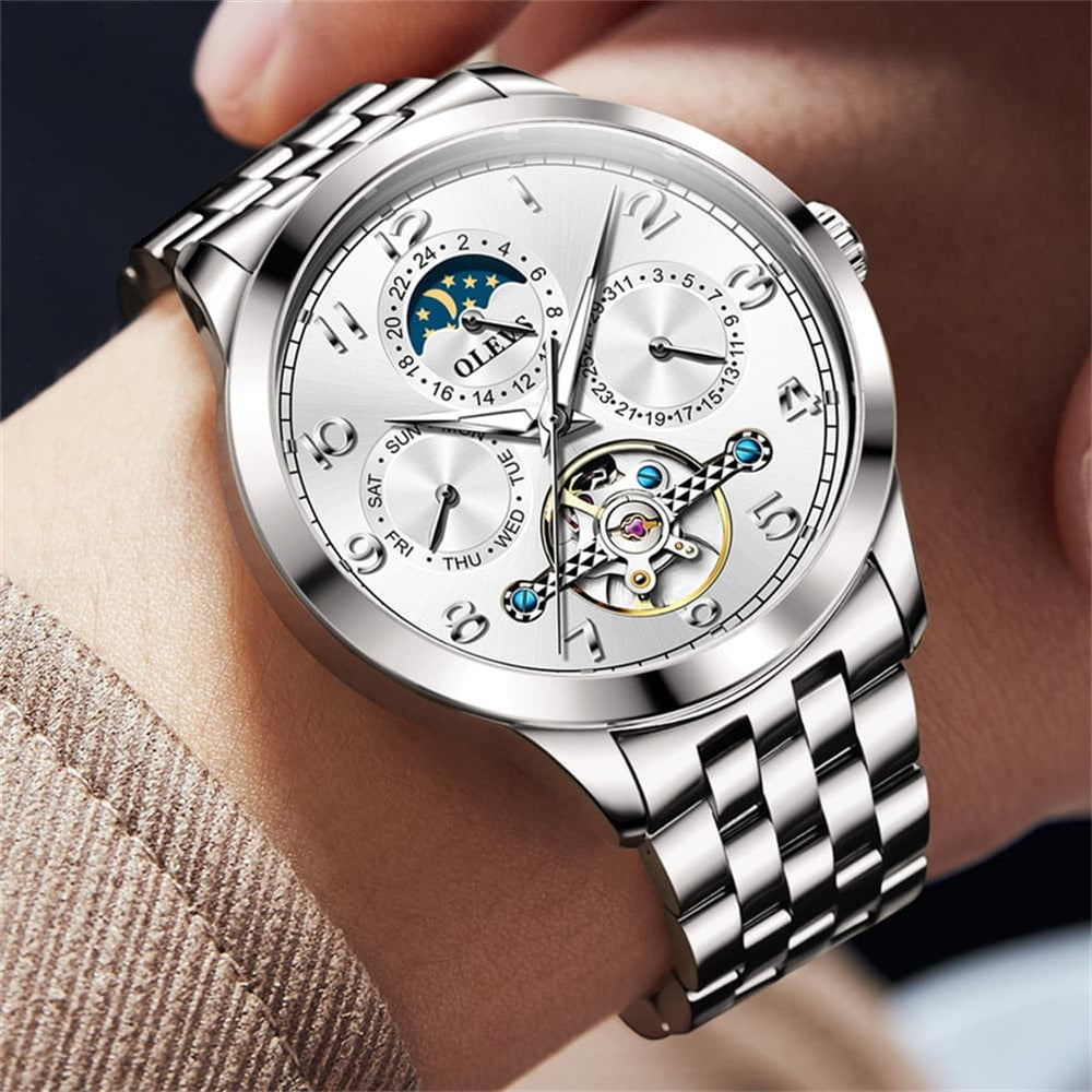 OLEVS 7018 Sun and Moon Skeleton Mechanical Watch for Men - Champagne Watch | Olevs Watch Store