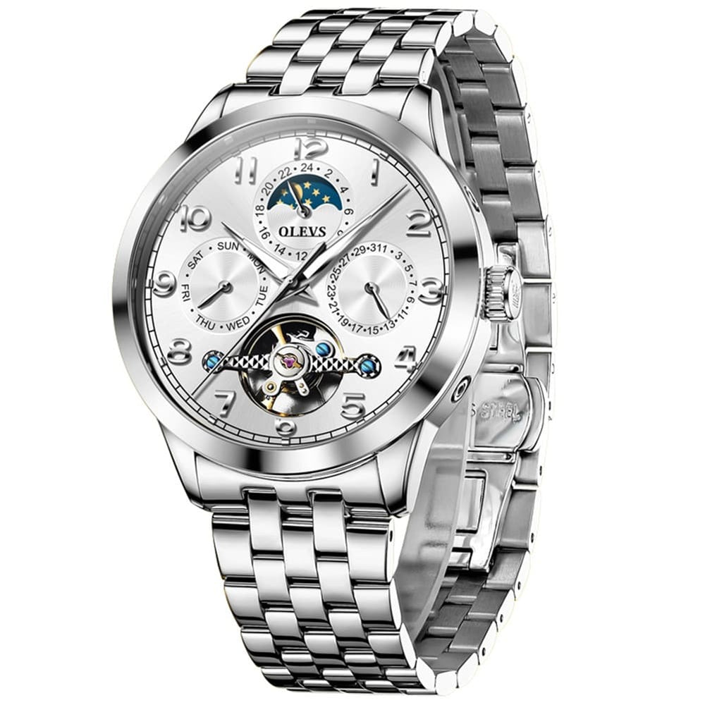 OLEVS 7018 Sun and Moon Skeleton Mechanical Watch for Men - Champagne Watch | Olevs Watch Store