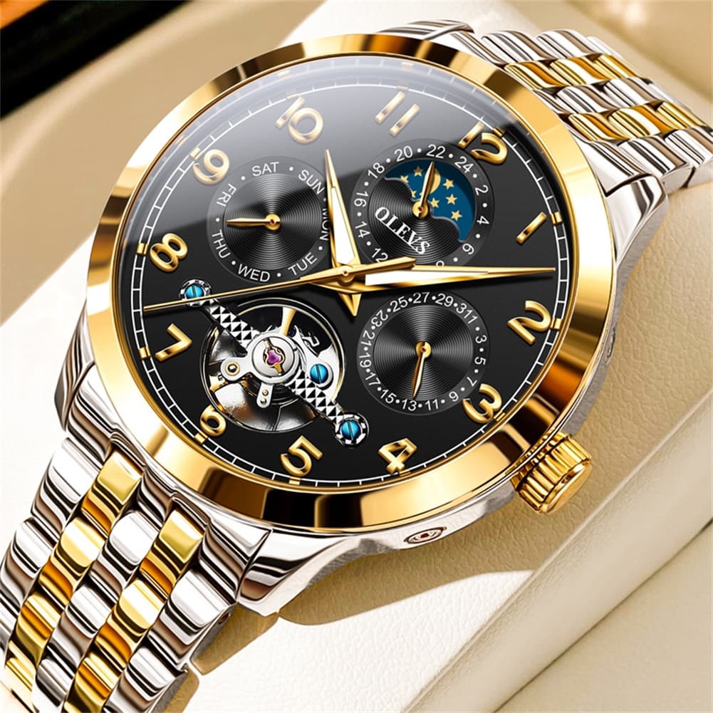 OLEVS 7018 Sun and Moon Skeleton Mechanical Watch for Men - Obsidian Black Watch | Olevs Watch Store