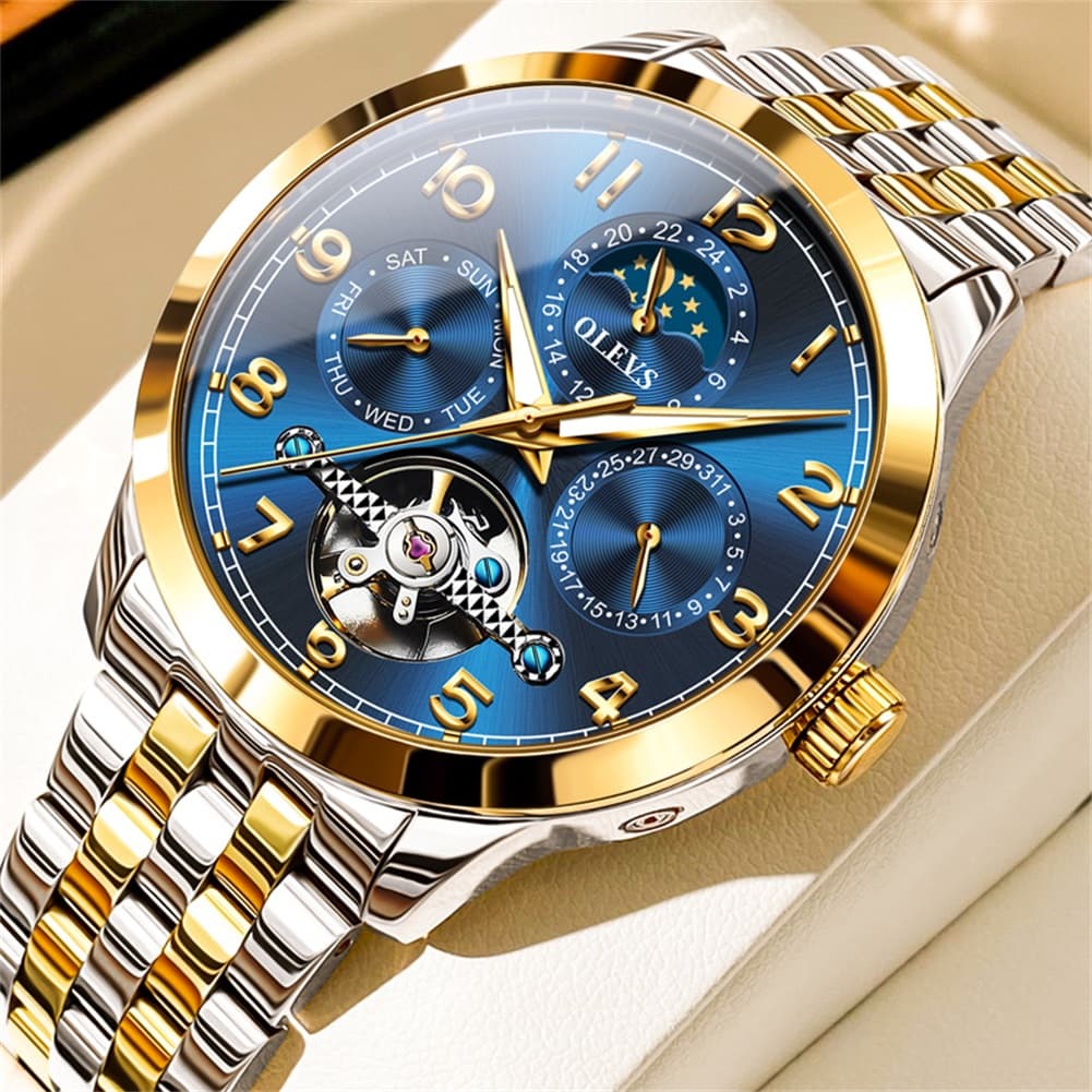 OLEVS 7018 Sun and Moon Skeleton Mechanical Watch for Men - Ocean Blue Watch | Olevs Watch Store