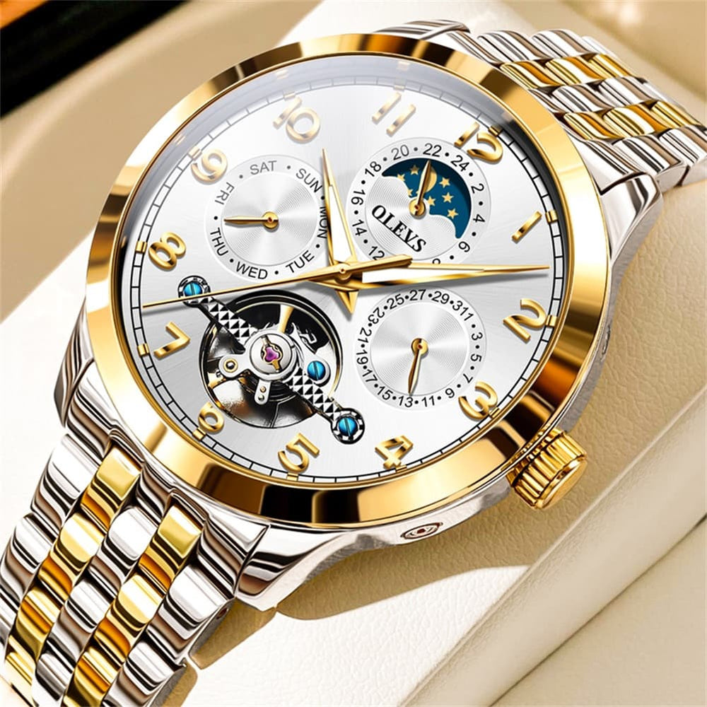 OLEVS 7018 Sun and Moon Skeleton Mechanical Watch for Men - Shan Chuan Bai Watch | Olevs Watch Store