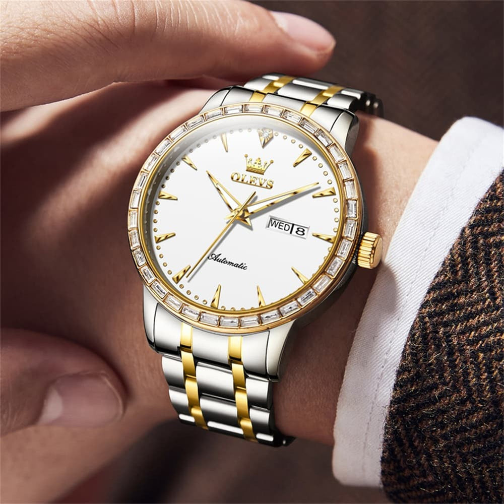 OLEVS 7019 Diamond Bezel Automatic Mechanical Watch For Men - All Gold Watch | Olevs Watch Store