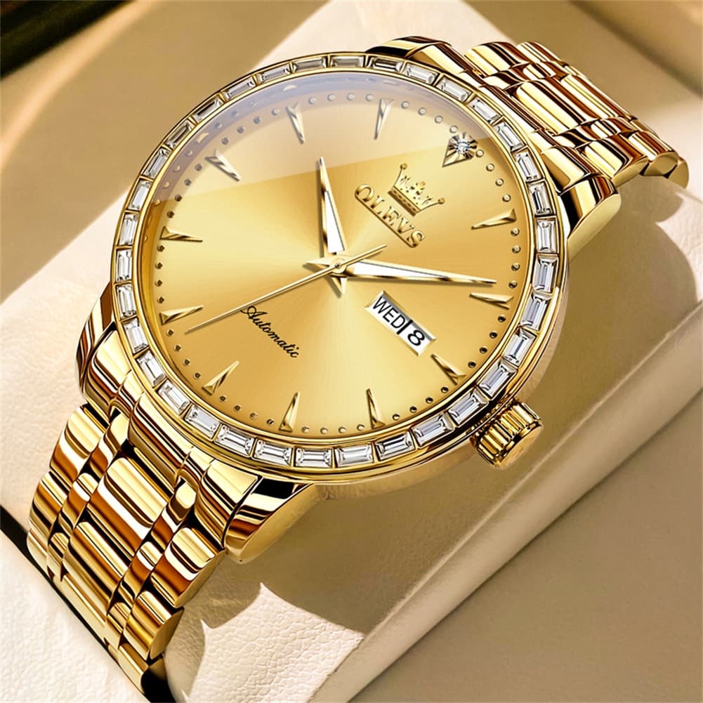 OLEVS 7019 Diamond Bezel Automatic Mechanical Watch For Men - All Gold Watch | Olevs Watch Store