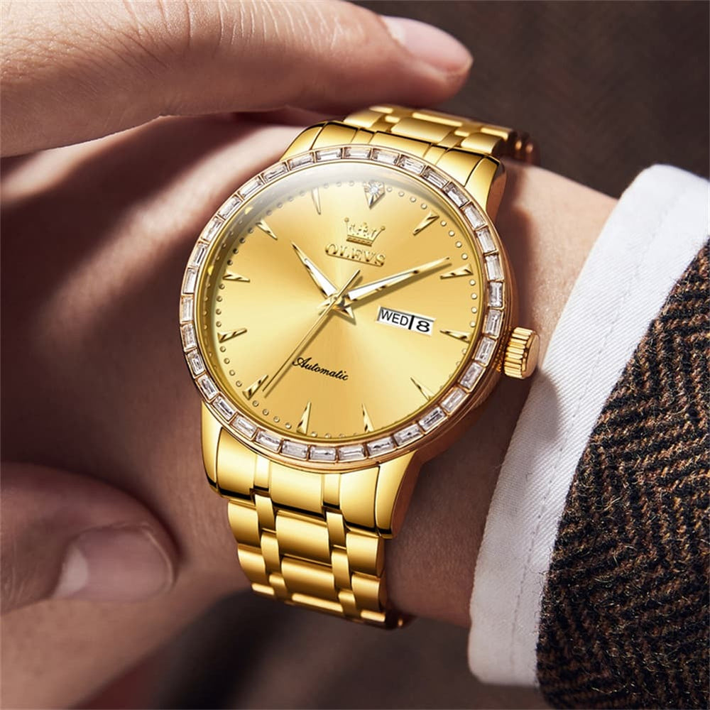 OLEVS 7019 Diamond Bezel Automatic Mechanical Watch For Men - All Gold Watch | Olevs Watch Store