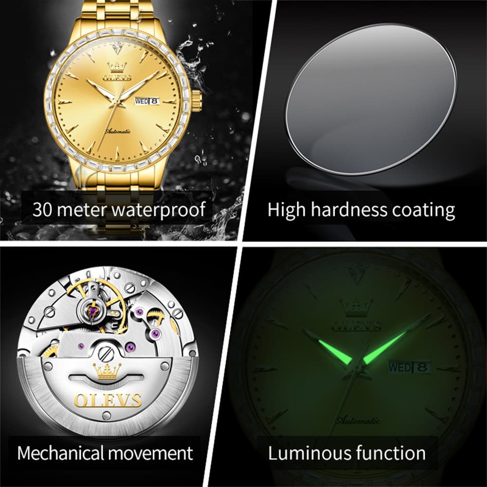 OLEVS 7019 Diamond Bezel Automatic Mechanical Watch For Men - All Gold Watch | Olevs Watch Store
