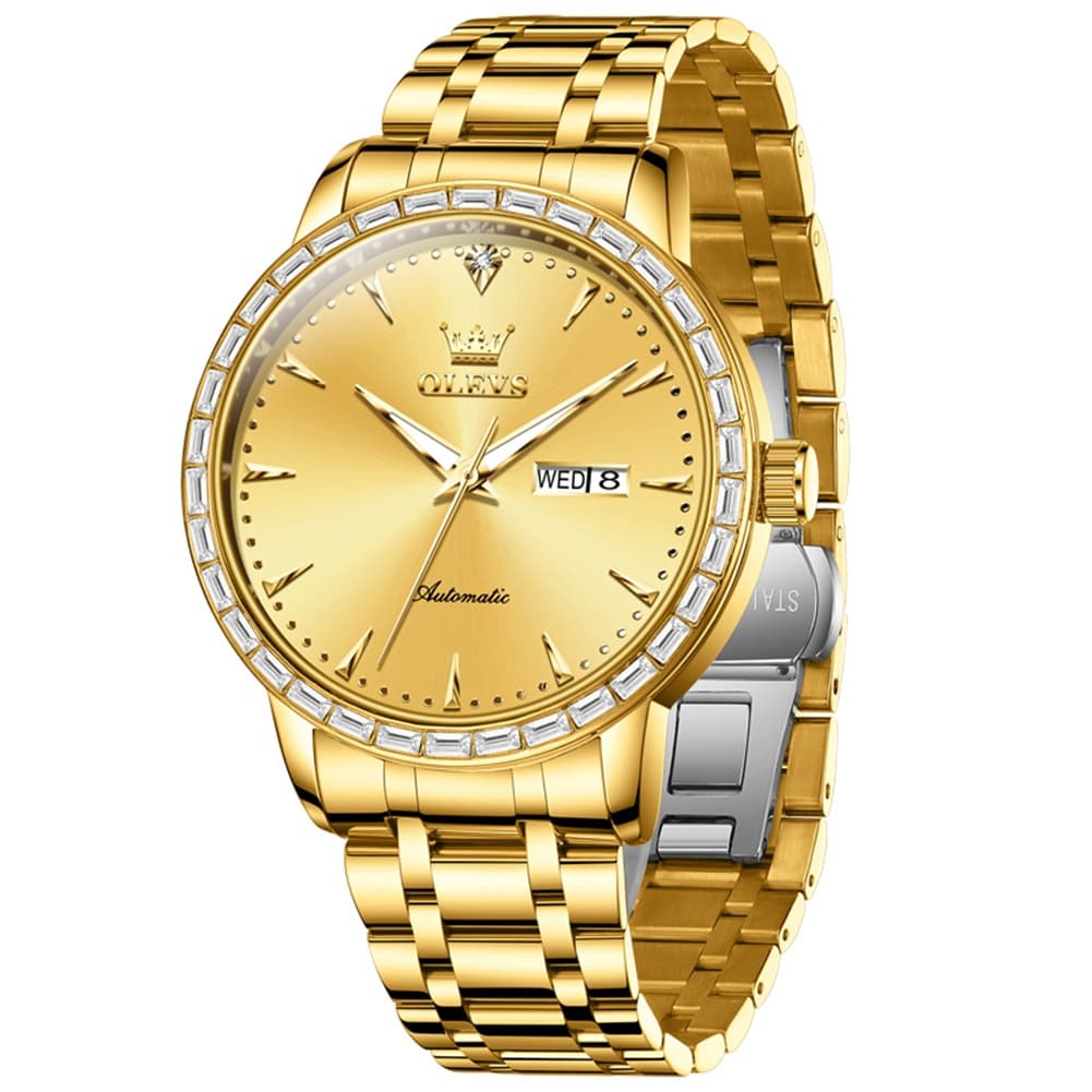 OLEVS 7019 Diamond Bezel Automatic Mechanical Watch For Men - All Gold Watch | Olevs Watch Store