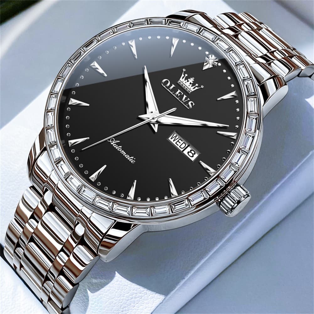OLEVS 7019 Diamond Bezel Automatic Mechanical Watch For Men - Silver Black Watch | Olevs Watch Store