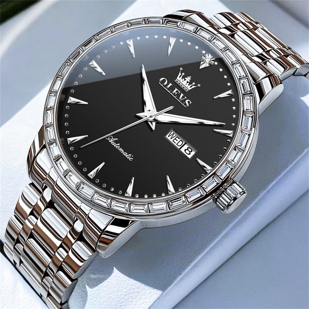 OLEVS 7019 Diamond Bezel Automatic Mechanical Watch For Men - Silver Black Watch | Olevs Watch Store
