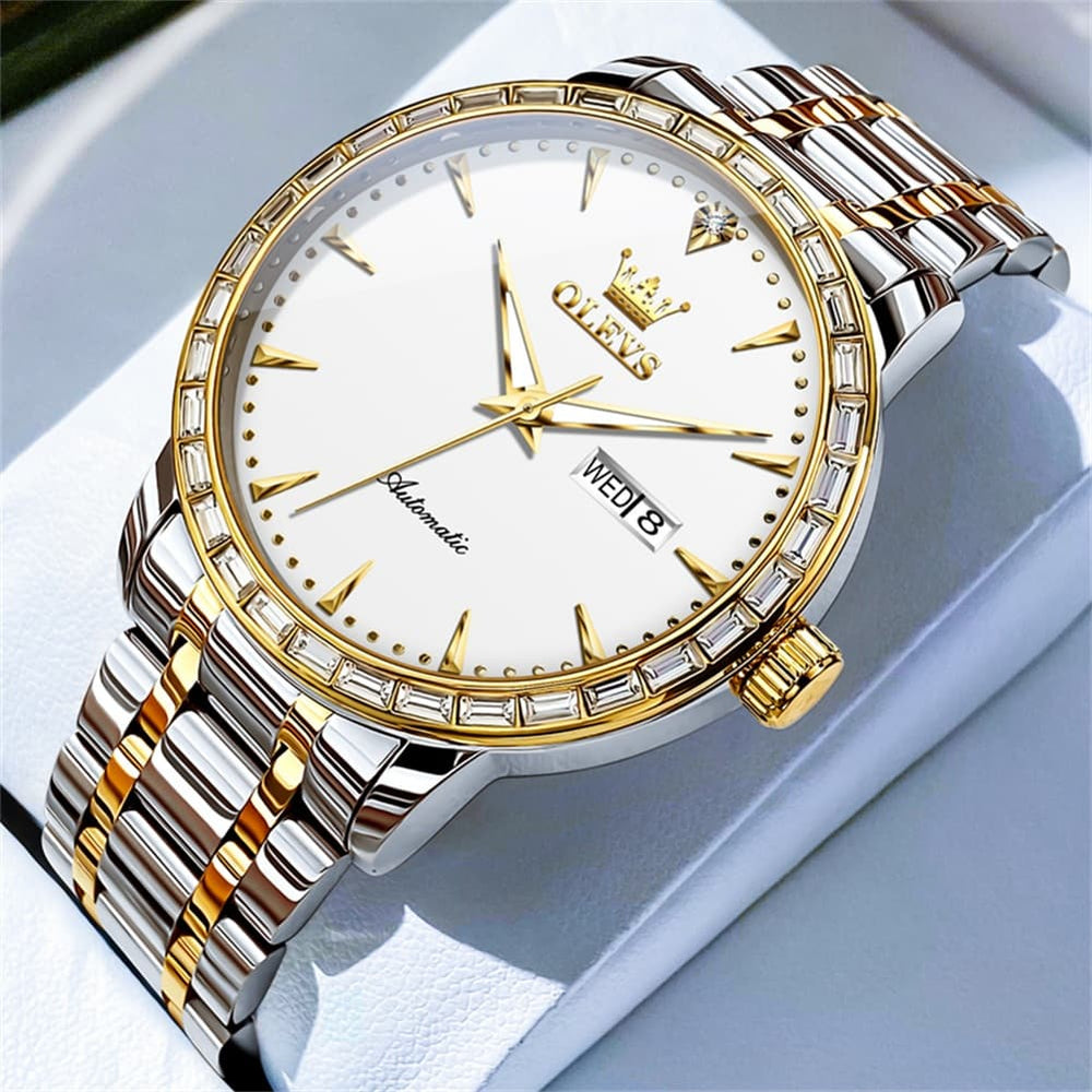 OLEVS 7019 Diamond Bezel Automatic Mechanical Watch For Men - Two Tone White Watch | Olevs Watch Store