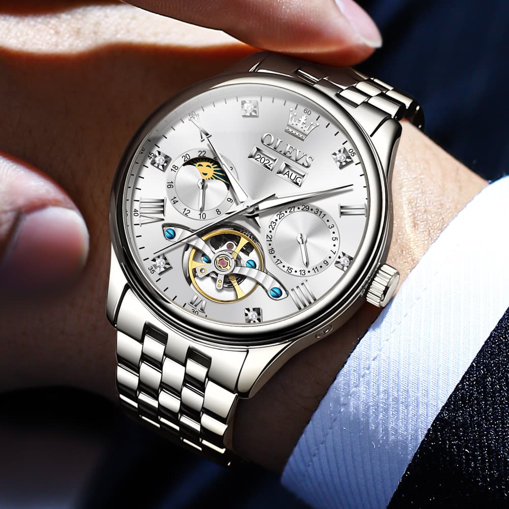 OLEVS 7023 Skeleton Moon Phase Automatic Watch for Men - All Gold Watch | Olevs Watch Store