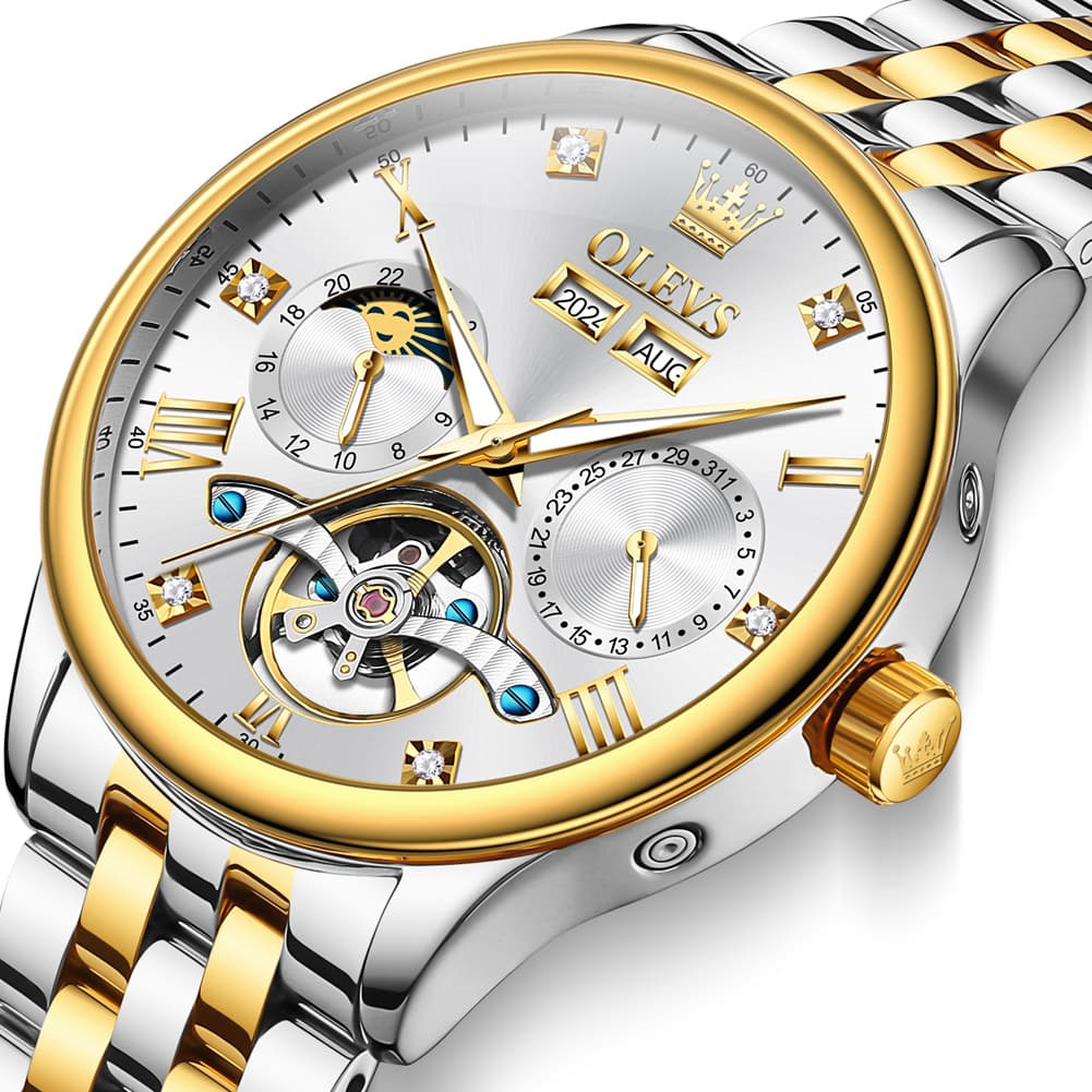 OLEVS 7023 Skeleton Moon Phase Automatic Watch for Men - All Gold Watch | Olevs Watch Store