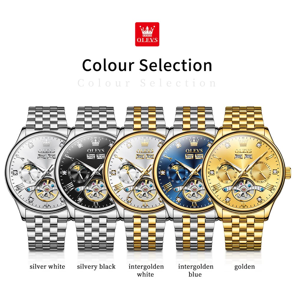 OLEVS 7023 Skeleton Moon Phase Automatic Watch for Men - All Gold Watch | Olevs Watch Store