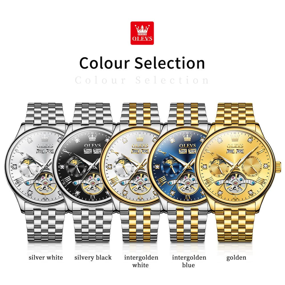 OLEVS 7023 Skeleton Moon Phase Automatic Watch for Men - All Gold Watch | Olevs Watch Store