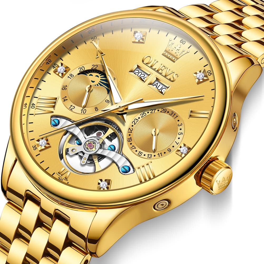 OLEVS 7023 Skeleton Moon Phase Automatic Watch for Men - All Gold Watch | Olevs Watch Store