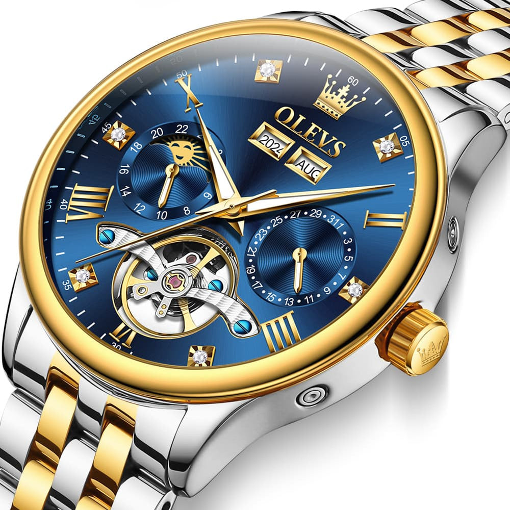 OLEVS 7023 Skeleton Moon Phase Automatic Watch for Men - All Gold Watch | Olevs Watch Store