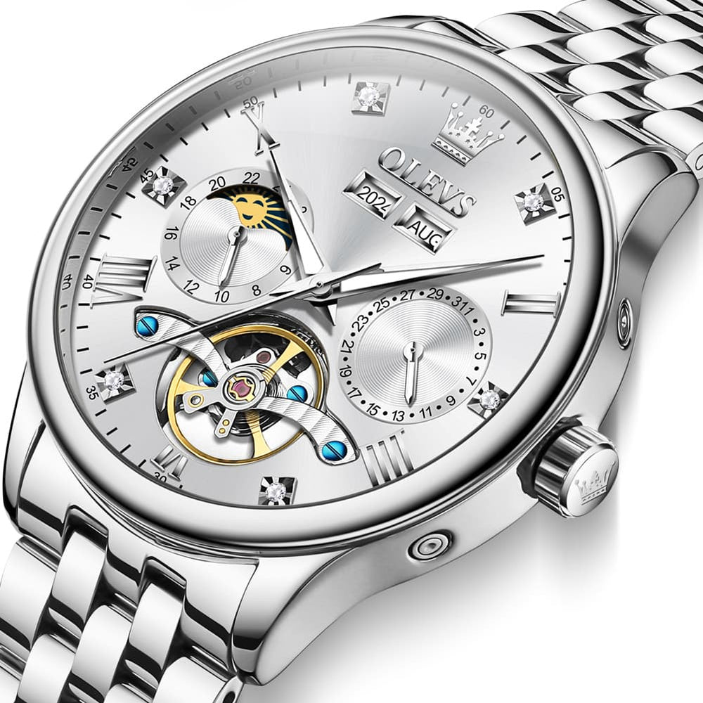 OLEVS 7023 Skeleton Moon Phase Automatic Watch for Men - All Gold Watch | Olevs Watch Store