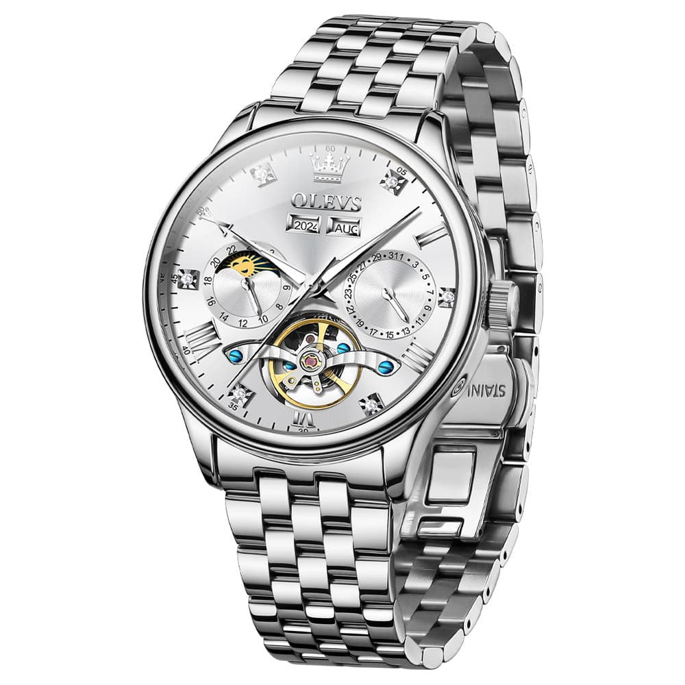 OLEVS 7023 Skeleton Moon Phase Automatic Watch for Men - All Gold Watch | Olevs Watch Store