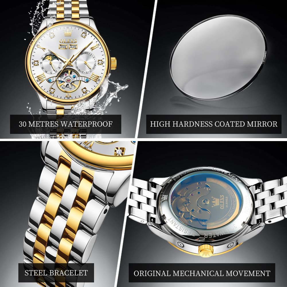 OLEVS 7023 Skeleton Moon Phase Automatic Watch for Men - All Gold Watch | Olevs Watch Store