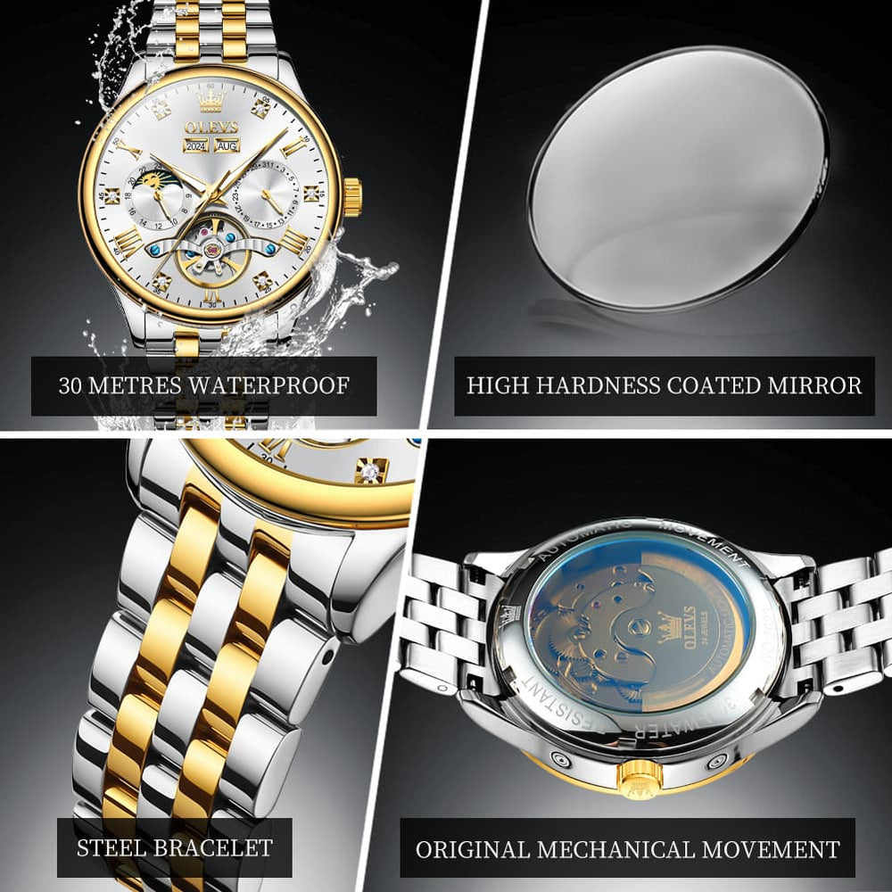 OLEVS 7023 Skeleton Moon Phase Automatic Watch for Men - All Gold Watch | Olevs Watch Store