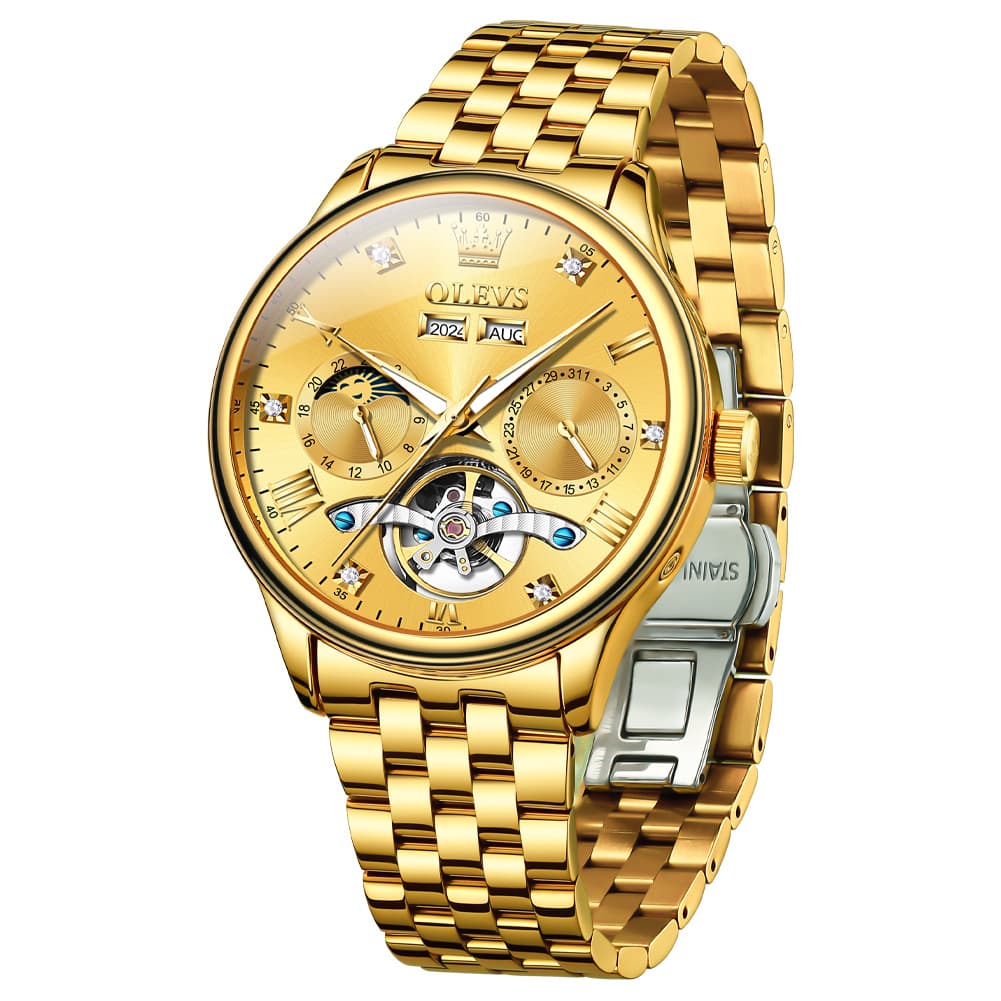 OLEVS 7023 Skeleton Moon Phase Automatic Watch for Men - All Gold Watch | Olevs Watch Store