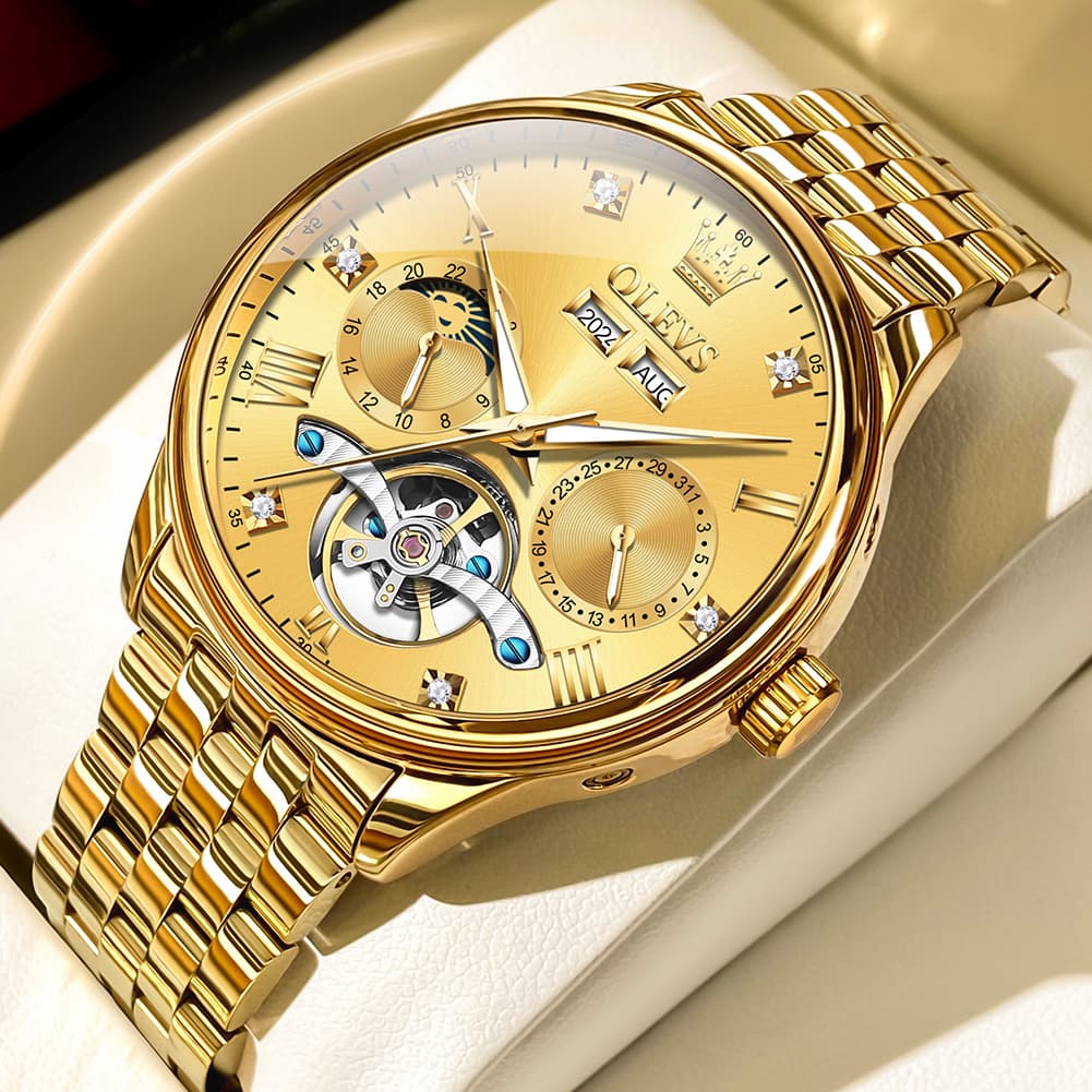 OLEVS 7023 Skeleton Moon Phase Automatic Watch for Men - All Gold Watch | Olevs Watch Store