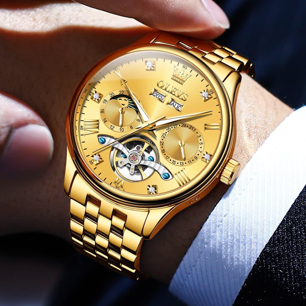 OLEVS 7023 Skeleton Moon Phase Automatic Watch for Men - All Gold Watch | Olevs Watch Store