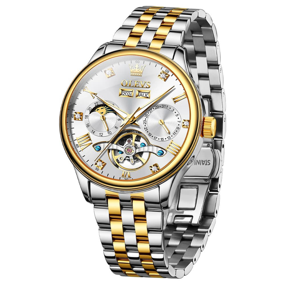 OLEVS 7023 Skeleton Moon Phase Automatic Watch for Men - All Gold Watch | Olevs Watch Store