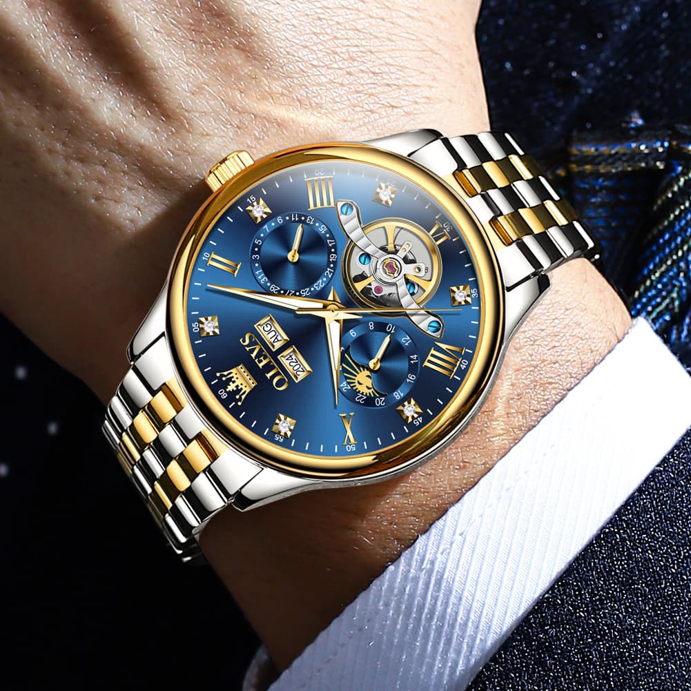 OLEVS 7023 Skeleton Moon Phase Automatic Watch for Men - All Gold Watch | Olevs Watch Store