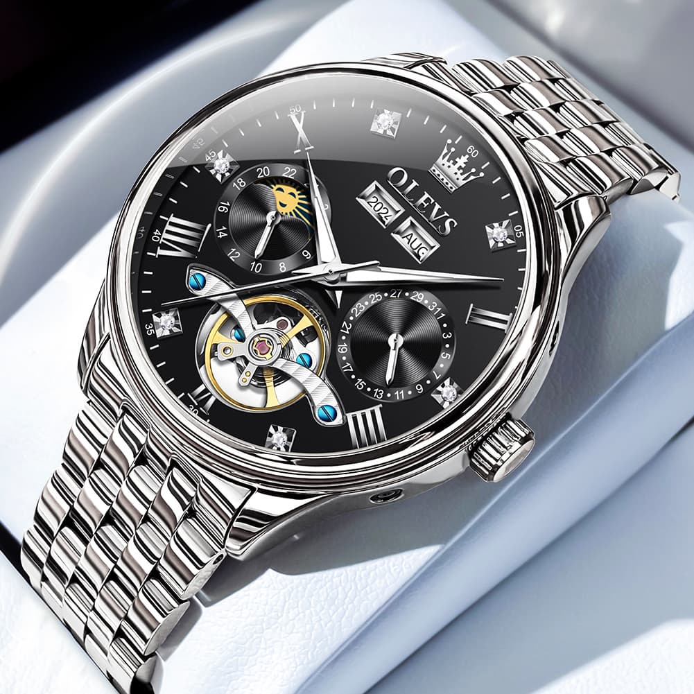 OLEVS 7023 Skeleton Moon Phase Automatic Watch for Men - Silver Black Watch | Olevs Watch Store