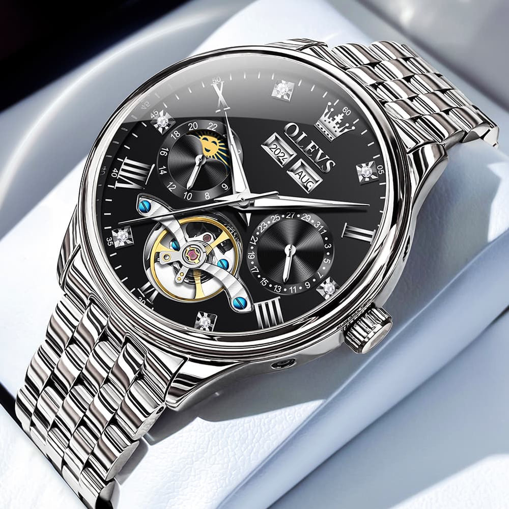 OLEVS 7023 Skeleton Moon Phase Automatic Watch for Men - Silver Black Watch | Olevs Watch Store