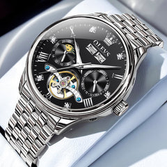 OLEVS 7023 Skeleton Moon Phase Automatic Watch for Men - Silver Black Watch | Olevs Watch Store