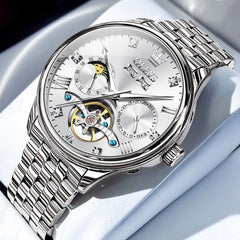 OLEVS 7023 Skeleton Moon Phase Automatic Watch for Men - Silver White Watch | Olevs Watch Store