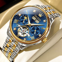OLEVS 7023 Skeleton Moon Phase Automatic Watch for Men - Two Tone Blue Watch | Olevs Watch Store