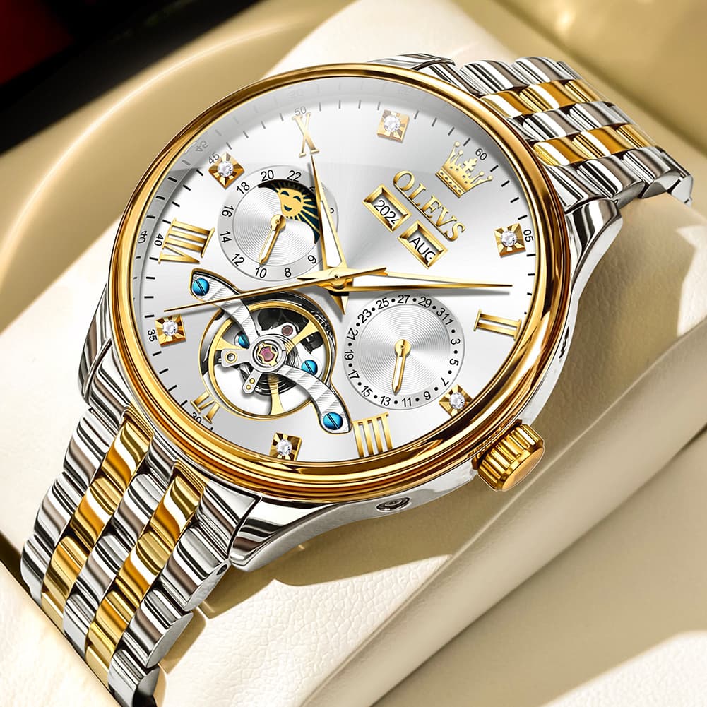 OLEVS 7023 Skeleton Moon Phase Automatic Watch for Men - Two Tone White Watch | Olevs Watch Store