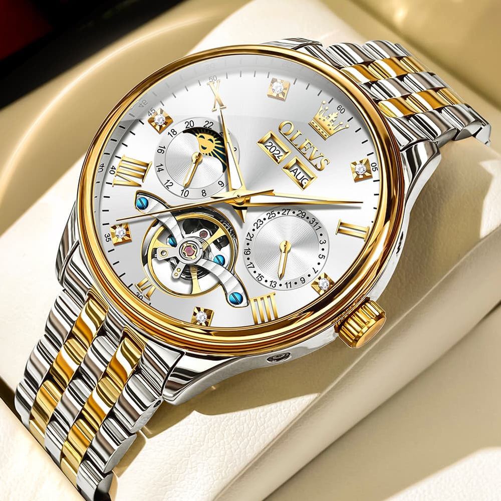 OLEVS 7023 Skeleton Moon Phase Automatic Watch for Men - Two Tone White Watch | Olevs Watch Store