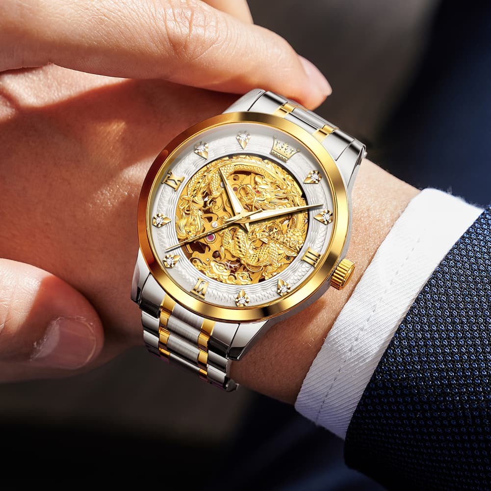 OLEVS 7027 Golden Dragon Automatic Mechanical Watch for Men - All Gold Watch | Olevs Watch Store
