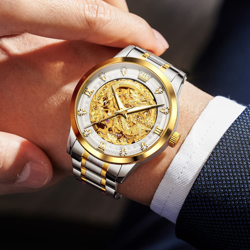 OLEVS 7027 Golden Dragon Automatic Mechanical Watch for Men - All Gold Watch | Olevs Watch Store