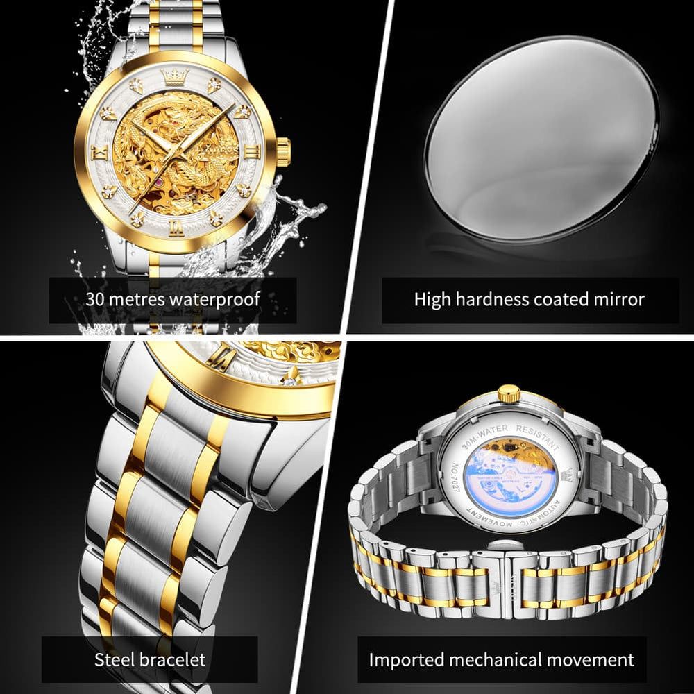 OLEVS 7027 Golden Dragon Automatic Mechanical Watch for Men - All Gold Watch | Olevs Watch Store